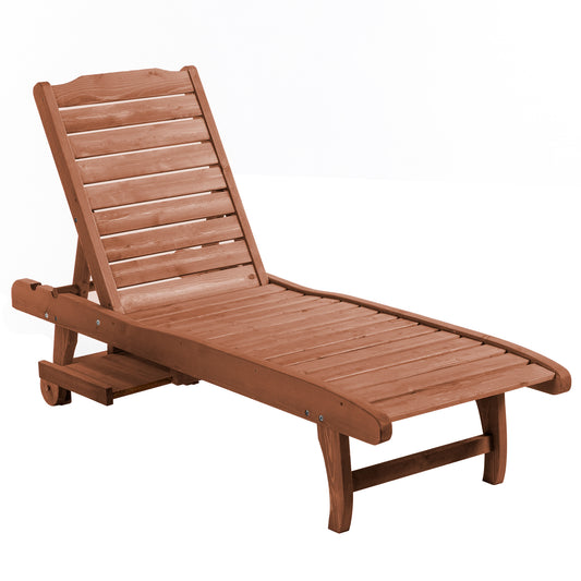 Photo of Outsunny Outdoor Wooden Lounger Chair, Sun Bed with Built-In Table, Adjustable Backrest and Wheels, Red Brown in Brown colour on a white background