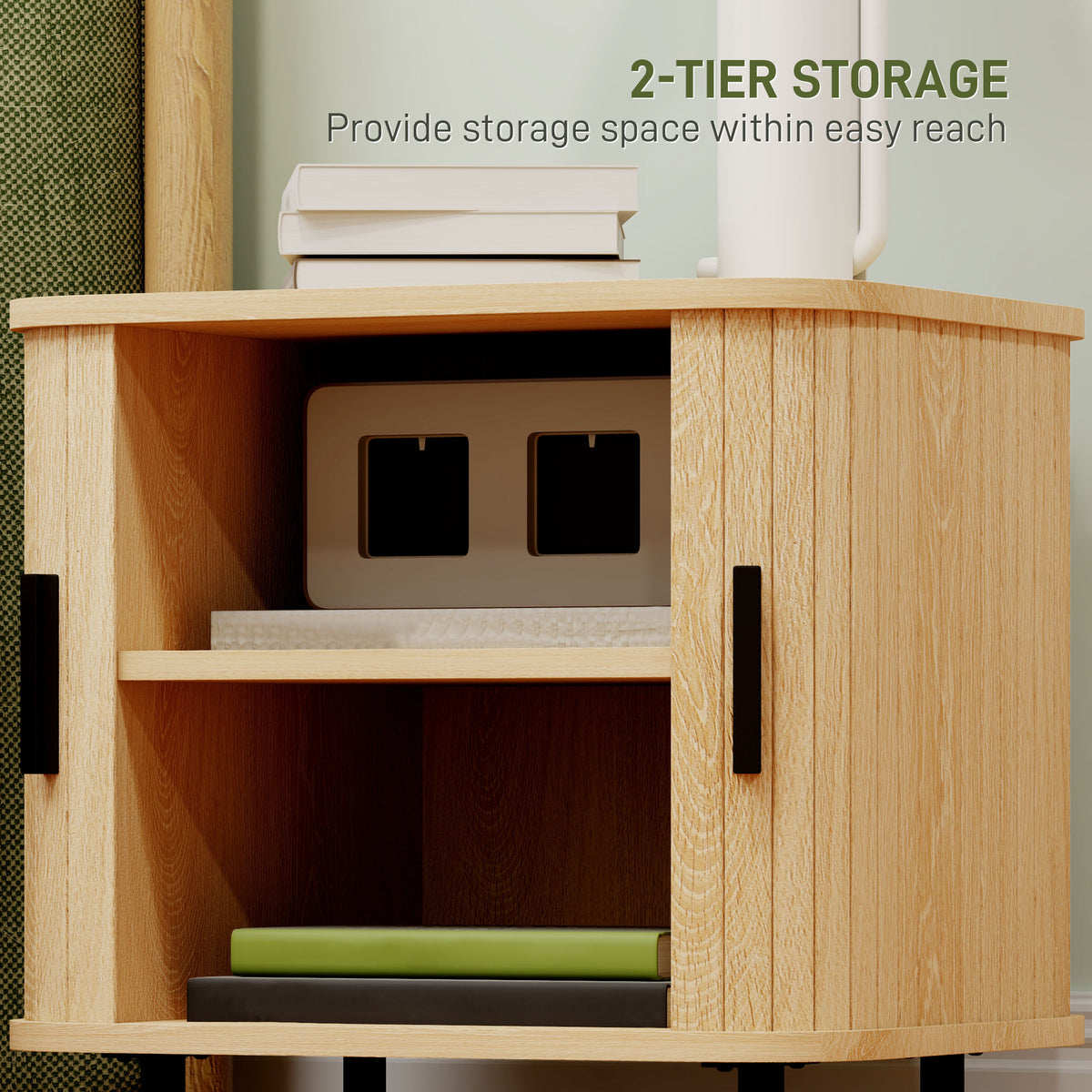 Oak-tone nightstand with one sliding door open, revealing two storage shelves