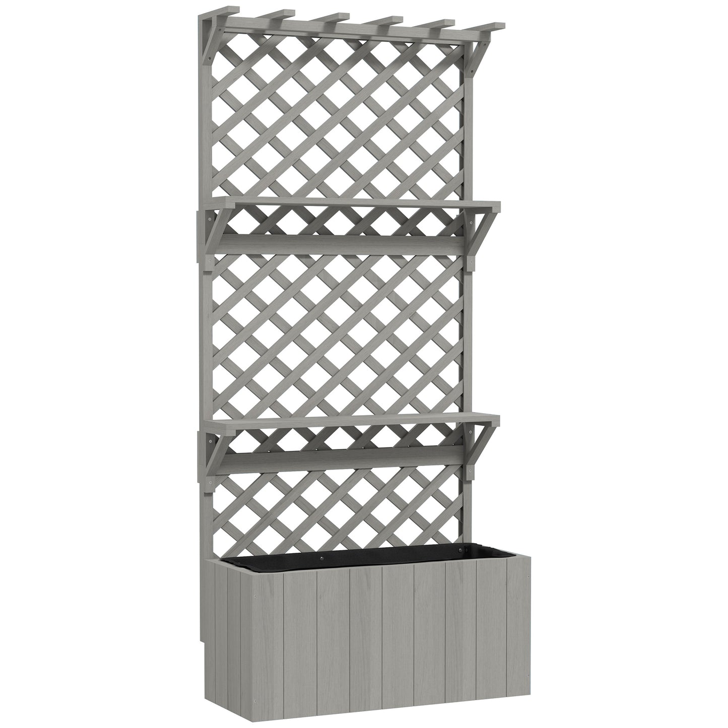 Photo of Outsunny 52L Wooden Planter, with Trellis and Shelves - Grey in Grey colour on a white background