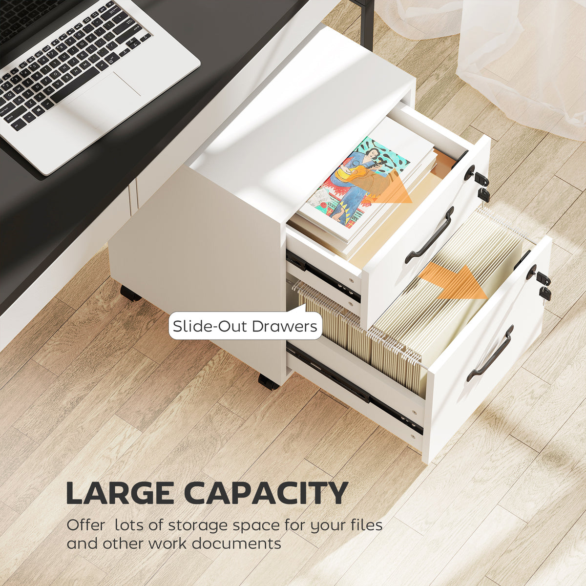 Open white rolling file cabinet with documents stored in both slide-out drawers