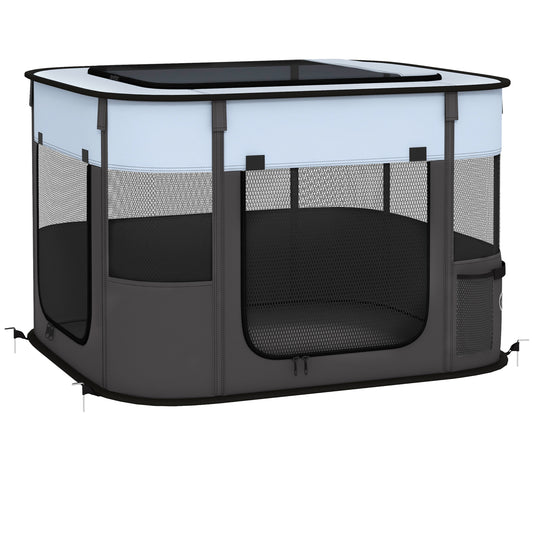 Photo of PawHut Foldable Dog Pen with Storage Bag for Indoor/Outdoor Use, Portable Pet playpen, with Ground Stakes - Grey in Grey colour on a white background
