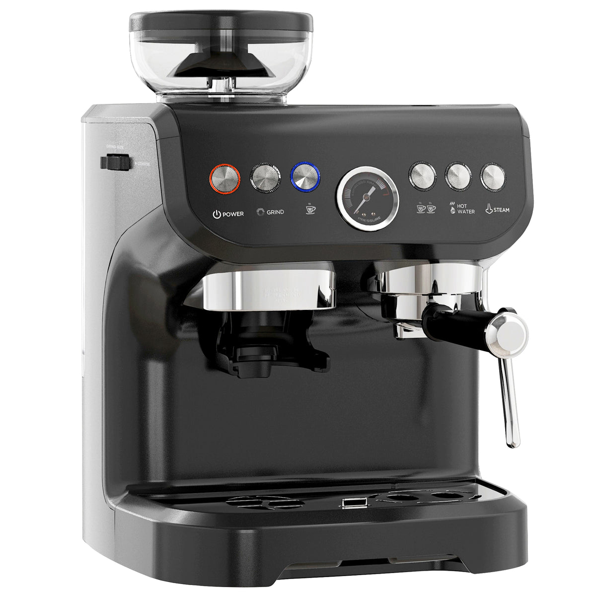 Black espresso machine with grinder hopper, control panel, portafilter and steam wand