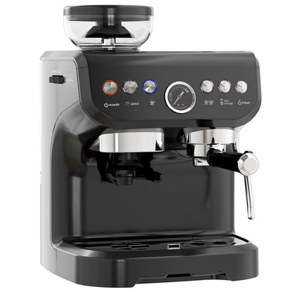 Black espresso machine with grinder hopper, control panel, portafilter and steam wand