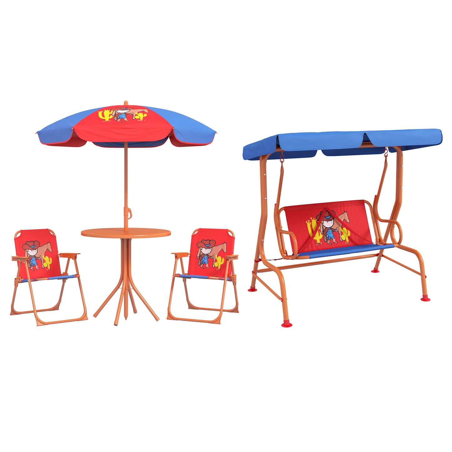 Photo of Outsunny 4 Piece Kids Garden Furniture Set with Adjustable Canopy, Cowboy Themed, Kids Garden Table and Chair Set and Double Seat Swing Chair for Patio Park Porch, for Ages 3-6 Years - Red and Blue in Blue colour on a white background
