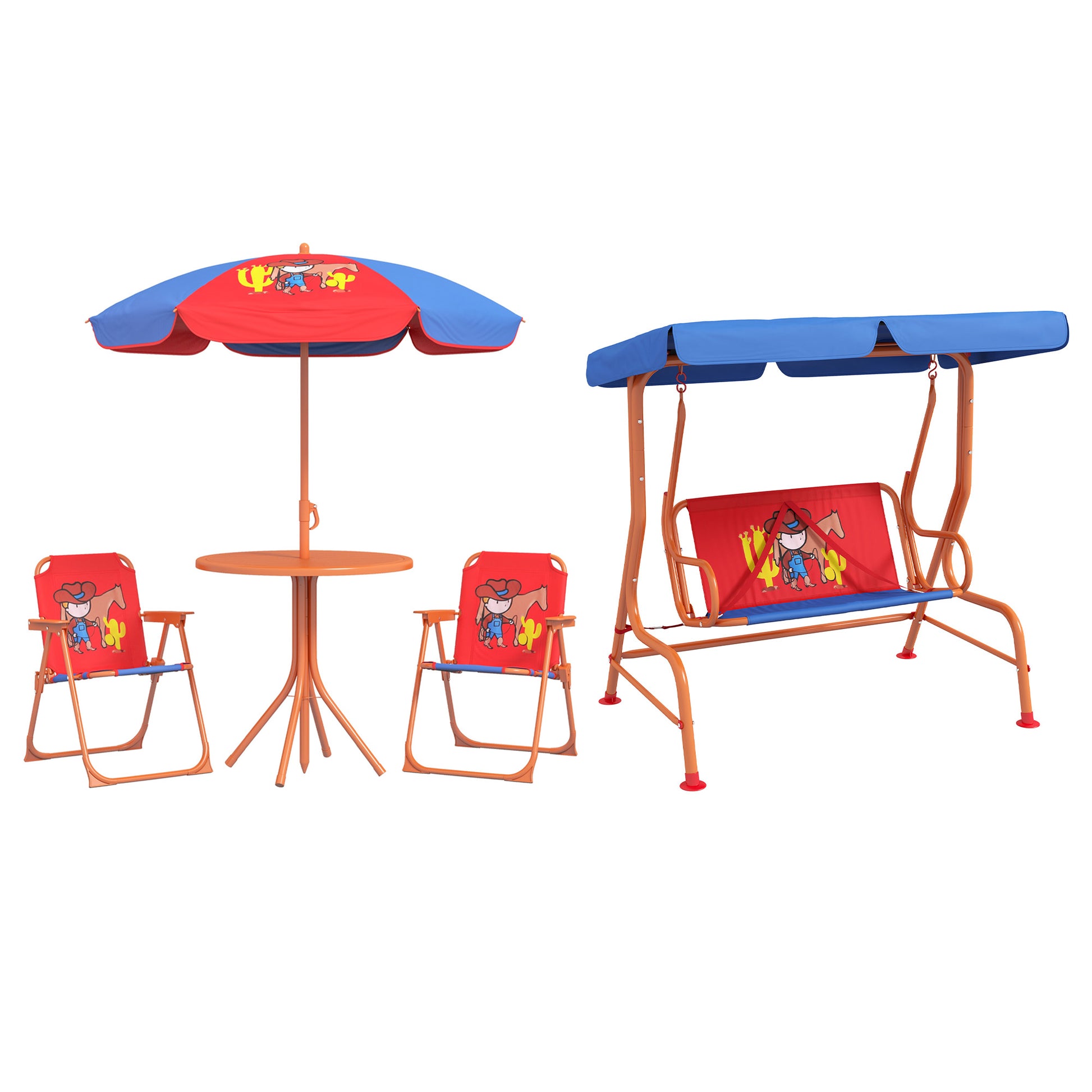 Photo of Outsunny 4 Piece Kids Garden Furniture Set with Adjustable Canopy, Cowboy Themed, Kids Garden Table and Chair Set and Double Seat Swing Chair for Patio Park Porch, for Ages 3-6 Years - Red and Blue in Blue colour on a white background