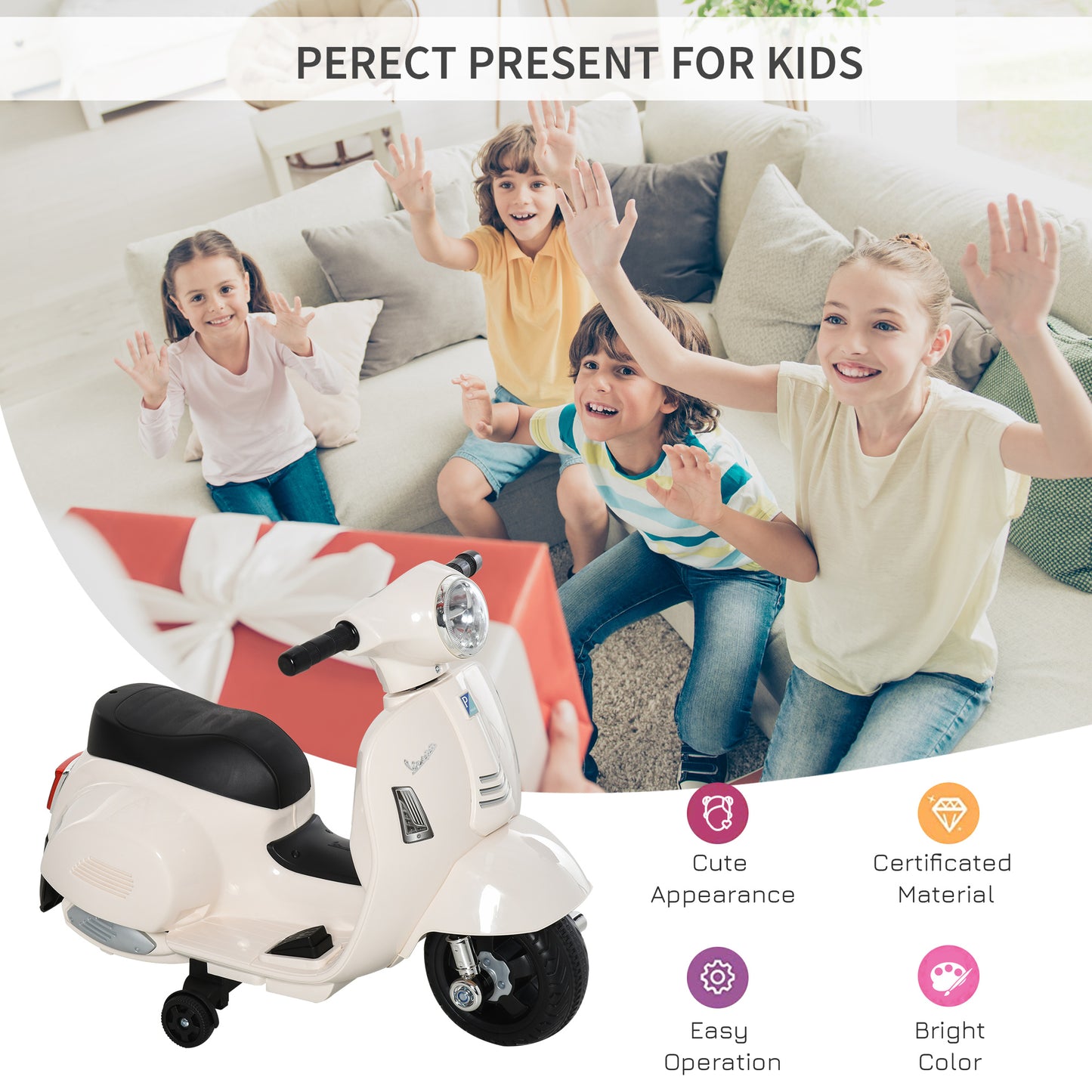 HOMCOM Vespa Licensed 6V Kids Electric Motorbike Ride On Motorcycle  Battery Powered for 18-36 Months with Horn Light White