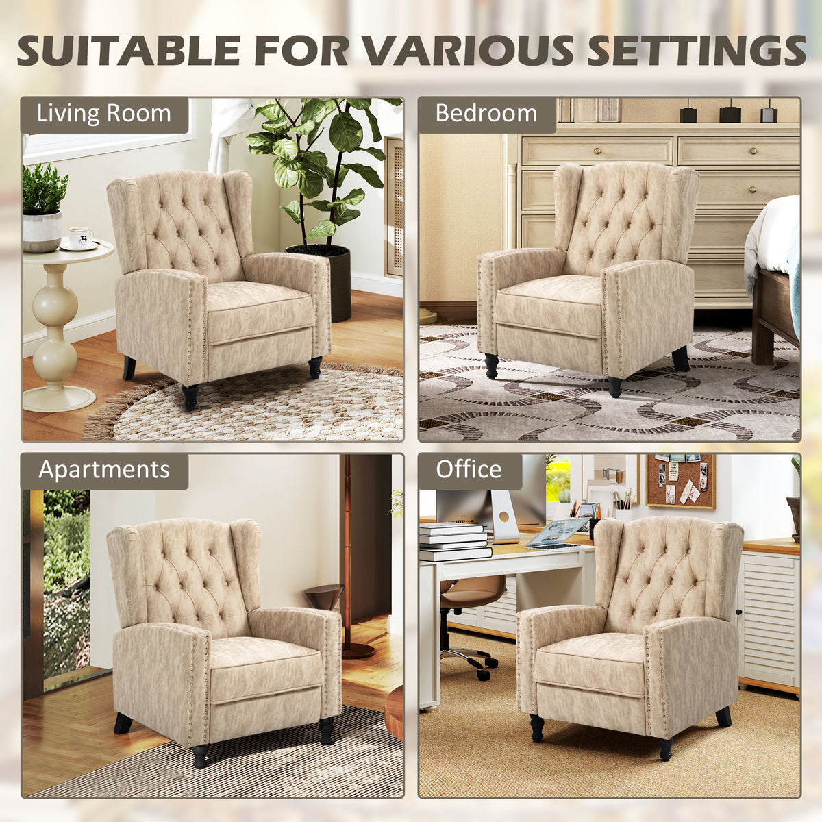 HOMCOM beige tufted armchair shown in living room, bedroom, apartment, and office settings