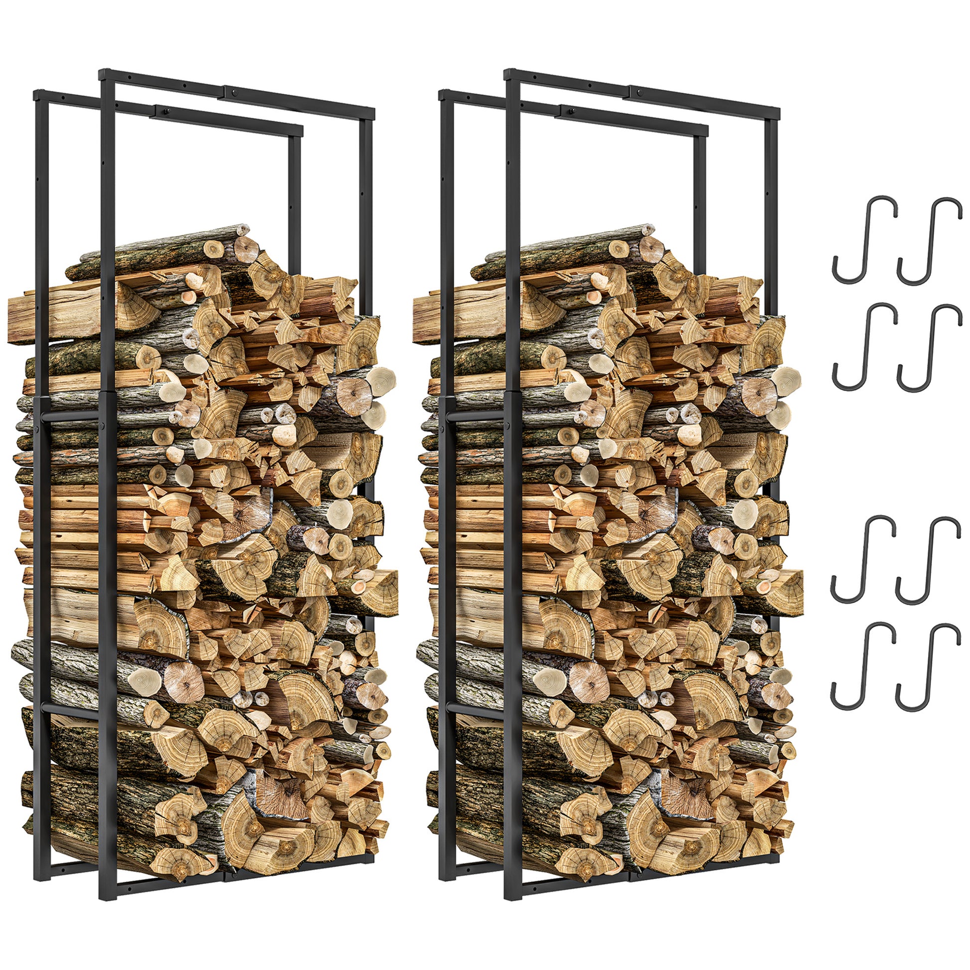 Photo of Outsunny Firewood Log Rack Set of 2, Retractable Metal Wood Store Holder, Indoor Outdoor Fireplace Log Storage Shelf with Hooks, 65 x 25 x 150 cm, Black in Black colour on a white background