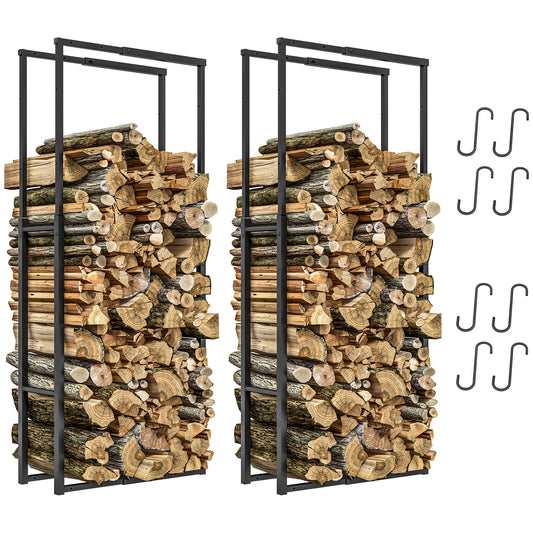 Photo of Outsunny Firewood Log Rack Set of 2, Retractable Metal Wood Store Holder, Indoor Outdoor Fireplace Log Storage Shelf with Hooks, 65 x 25 x 150 cm, Black in Black colour on a white background