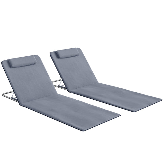 Photo of Outsunny Set of 2 Foldable Garden Beach Chair Mat Lightweight Outdoor Sun Lounger Seats Adjustable Back Metal Frame PE Fabric Head Pillow w/ Carry Bag,Grey in Bag,Grey colour on a white background