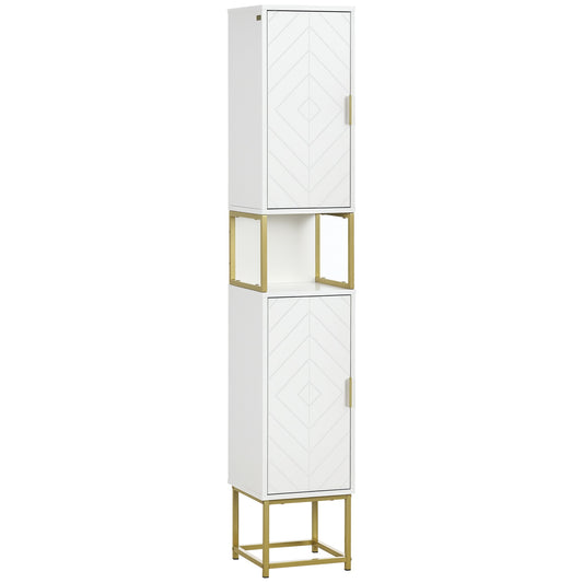 kleankin white narrow bathroom storage cabinet with two patterned doors and gold-tone steel base