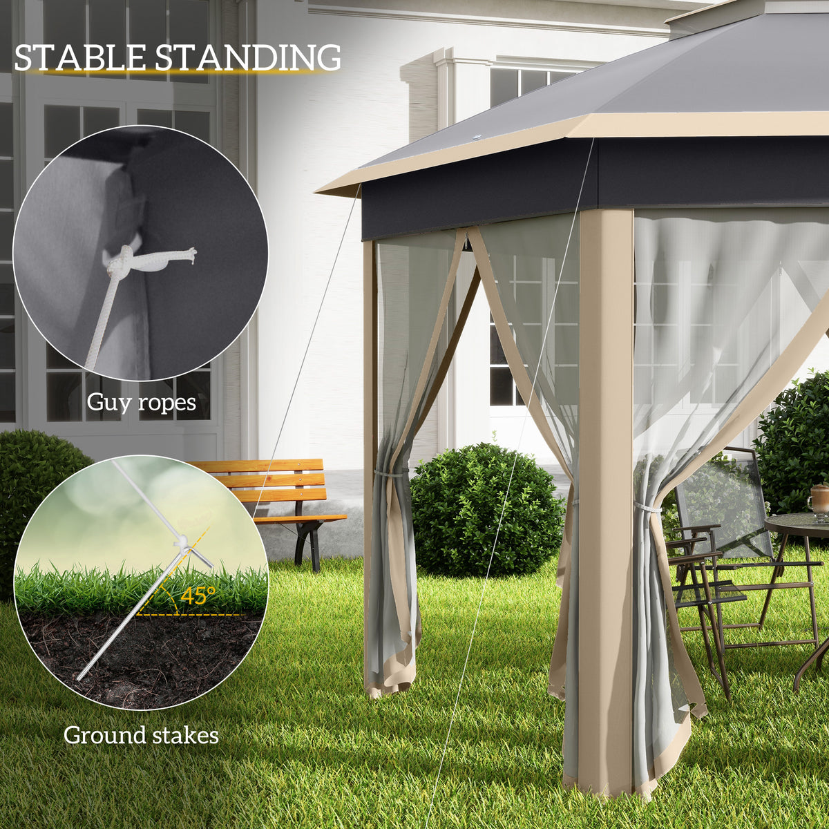 Gazebo corner with mesh curtains, support post, guy rope and ground stake