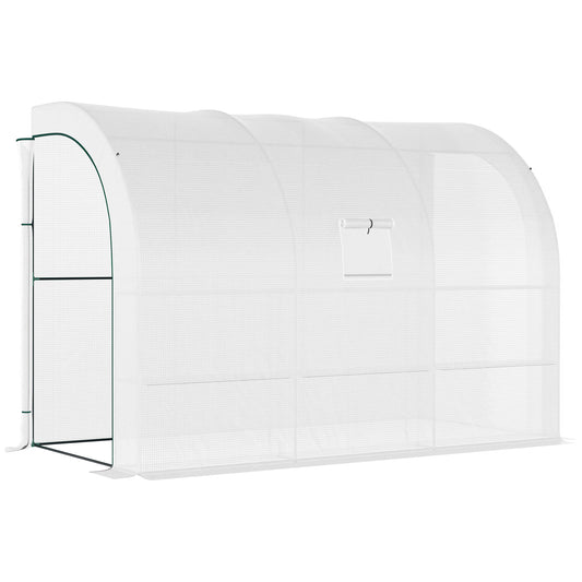Photo of Outsunny Outdoor Walk-In Greenhouse, Plant Nursery with Zippered Doors, PE Cover and 3-Tier Shelves, White, 300 x 150 x 213 cm in cm colour on a white background