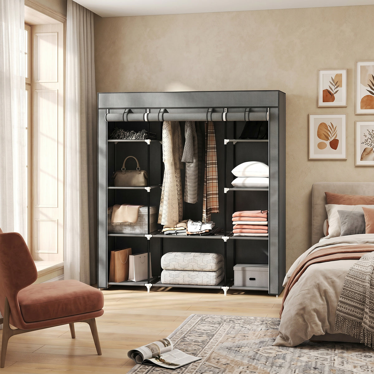 HOMCOM Clothes Storage Organiser with Hanging Rail, Shelves, Portable Wardrobe, Foldable Fabric Wardrobe, Dark Grey