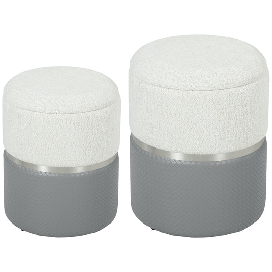 Photo of HOMCOM Nesting Round Ottoman with Storage Set of 2 - Cream/Grey in Cream/Grey colour on a white background