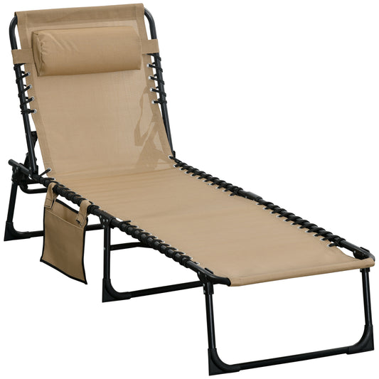 Photo of Outsunny Portable Sun Lounger, Folding Camping Bed Cot, Reclining Lounge Chair 5-position Adjustable Backrest with Side Pocket, Pillow for Patio Garden Beach Pool, Beige in Beige colour on a white background