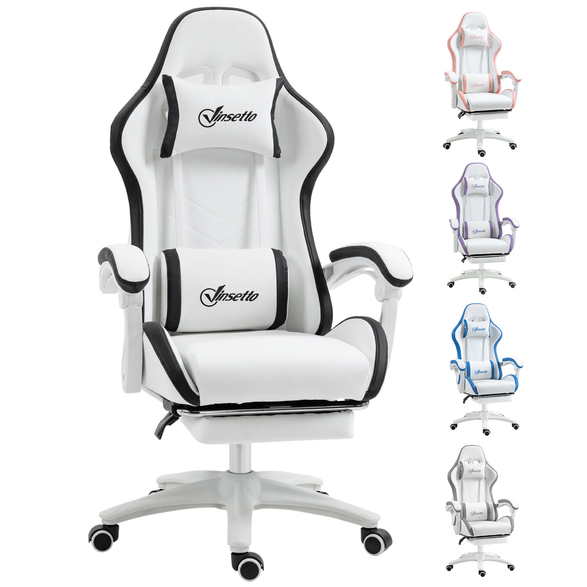 Photo of Vinsetto Gaming Chair, Computer Gamer Chair with Reclining High Back, Headrest, Lumbar Support, Footrest, Swivel Wheels, PU Leather, Adjustable Height for Home, White and Black in Black colour on a white background