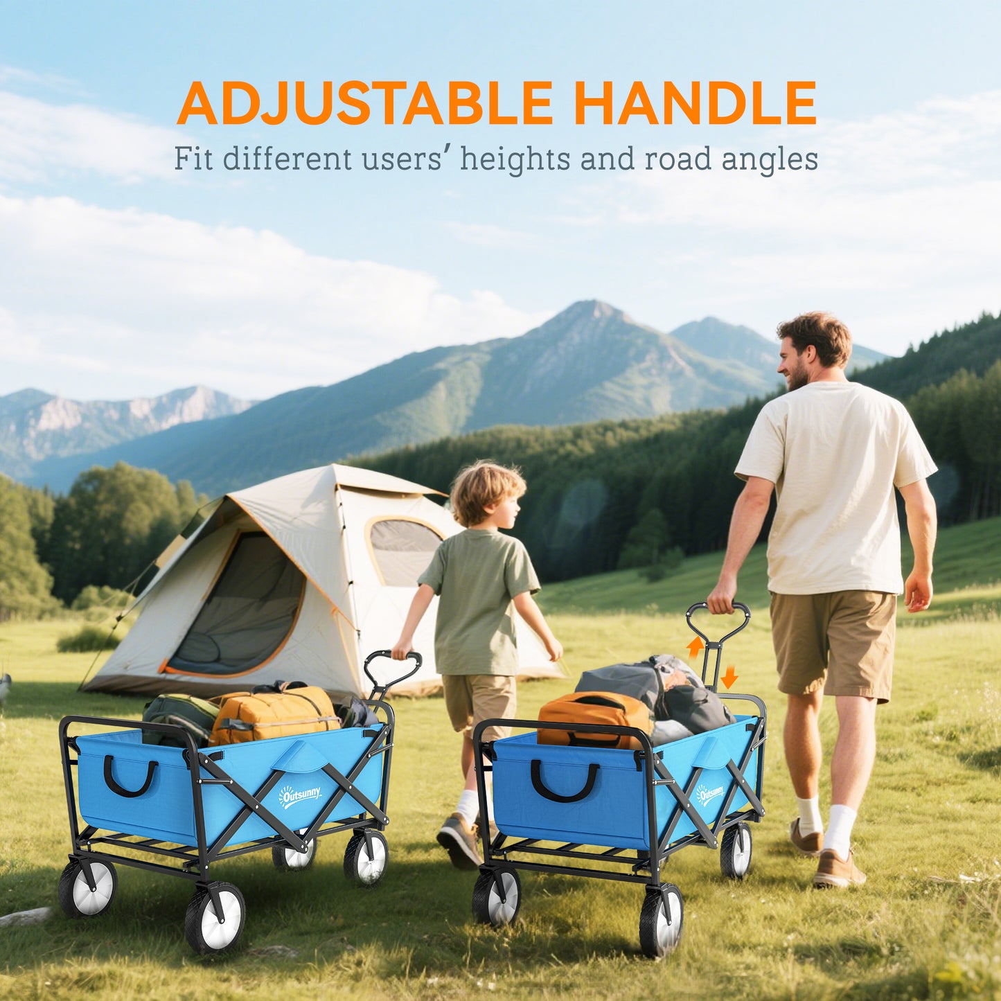 Outsunny 135L Festival Trolley on Wheels, Folding Wagon Camping Trolley Cart with Adjustable Handle, Dual Brakes, Portable Wagon Cart for Outdoor, Garden, Shopping, Fishing, Blue