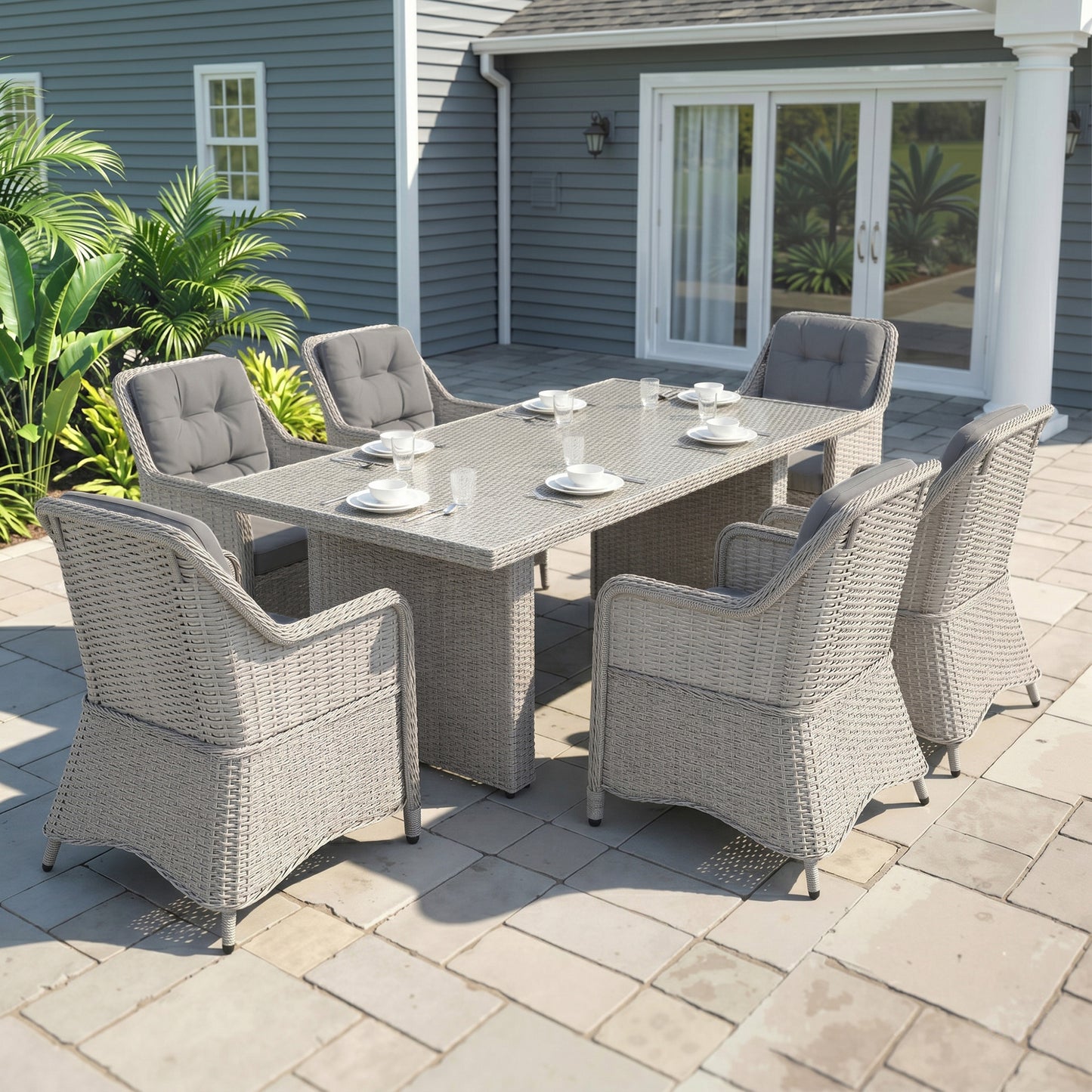 Outsunny Seven-Piece Rattan Dining Set - Mixed Grey