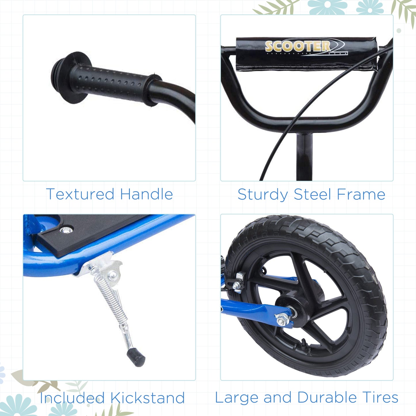 HOMCOM Kids Scooter Kick Scooter, with 12" EVA Tyres, Rear Brake, Big Wheels Scooter for 5-12 Years , Blue