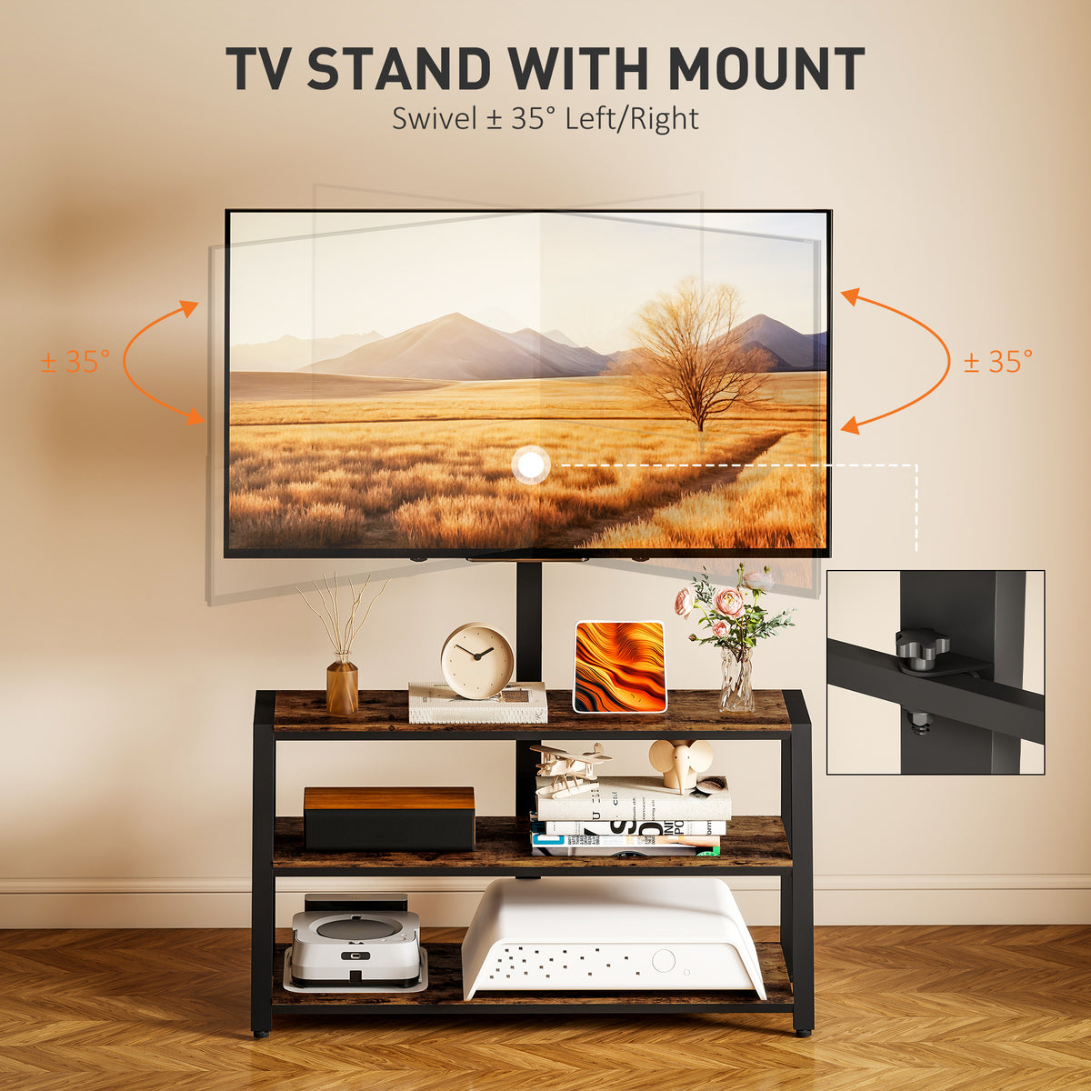 HOMCOM Industrial-Style TV Stand, with 35° Swivel Bracket - Dark Brown