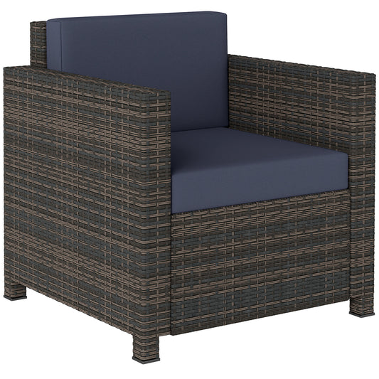 Photo of Outsunny PE Rattan Garden Armchair with Cushion - Mixed Brown/Navy Blue in Blue colour on a white background