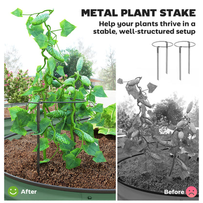 Green steel planter holding soil and a climbing plant supported by stakes