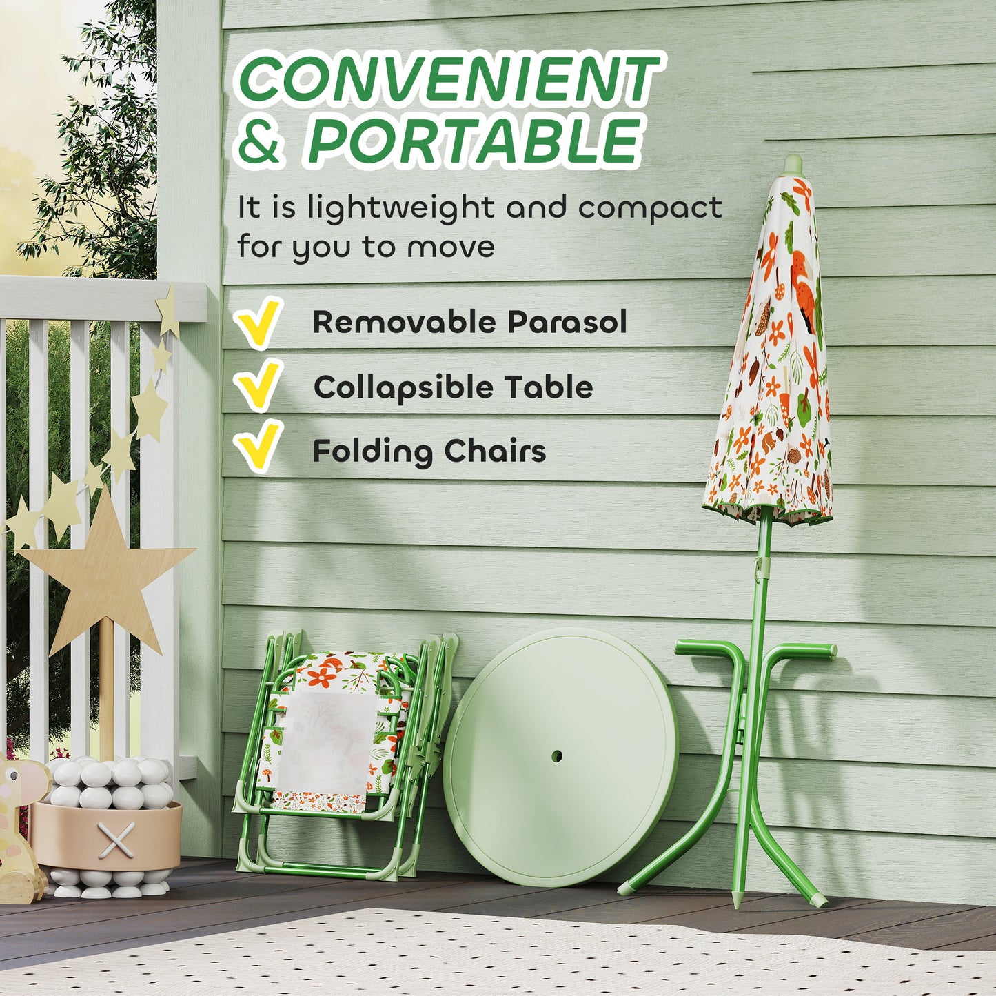 AIYAPLAY 4-Piece Kids Garden Table and Chair Set with Adjustable Parasol, Folding Chairs, Table, Nature Pattern, Green