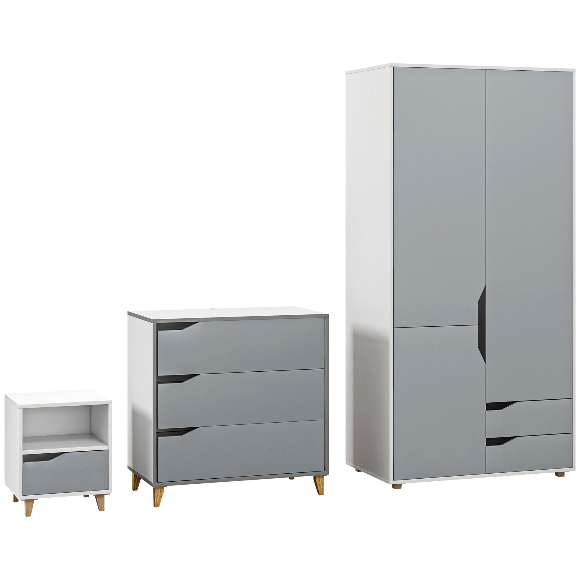 Photo of HOMCOM Bedroom Furniture Set, Wardrobe with Hanging Rail, 3 Drawer Chest of Drawers, Bedside Table with Drawer, Grey and White in White colour on a white background