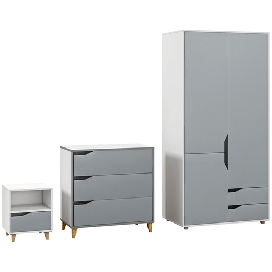 Photo of HOMCOM Bedroom Furniture Set, Wardrobe with Hanging Rail, 3 Drawer Chest of Drawers, Bedside Table with Drawer, Grey and White in White colour on a white background