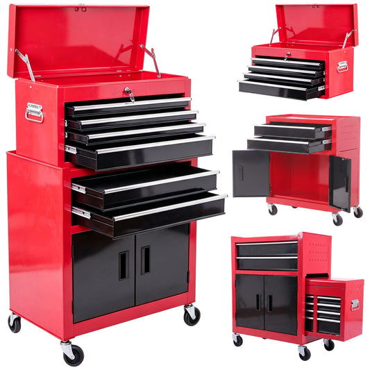 Red rolling tool cabinet with open drawers, top chest lid, and lower cabinet doors.