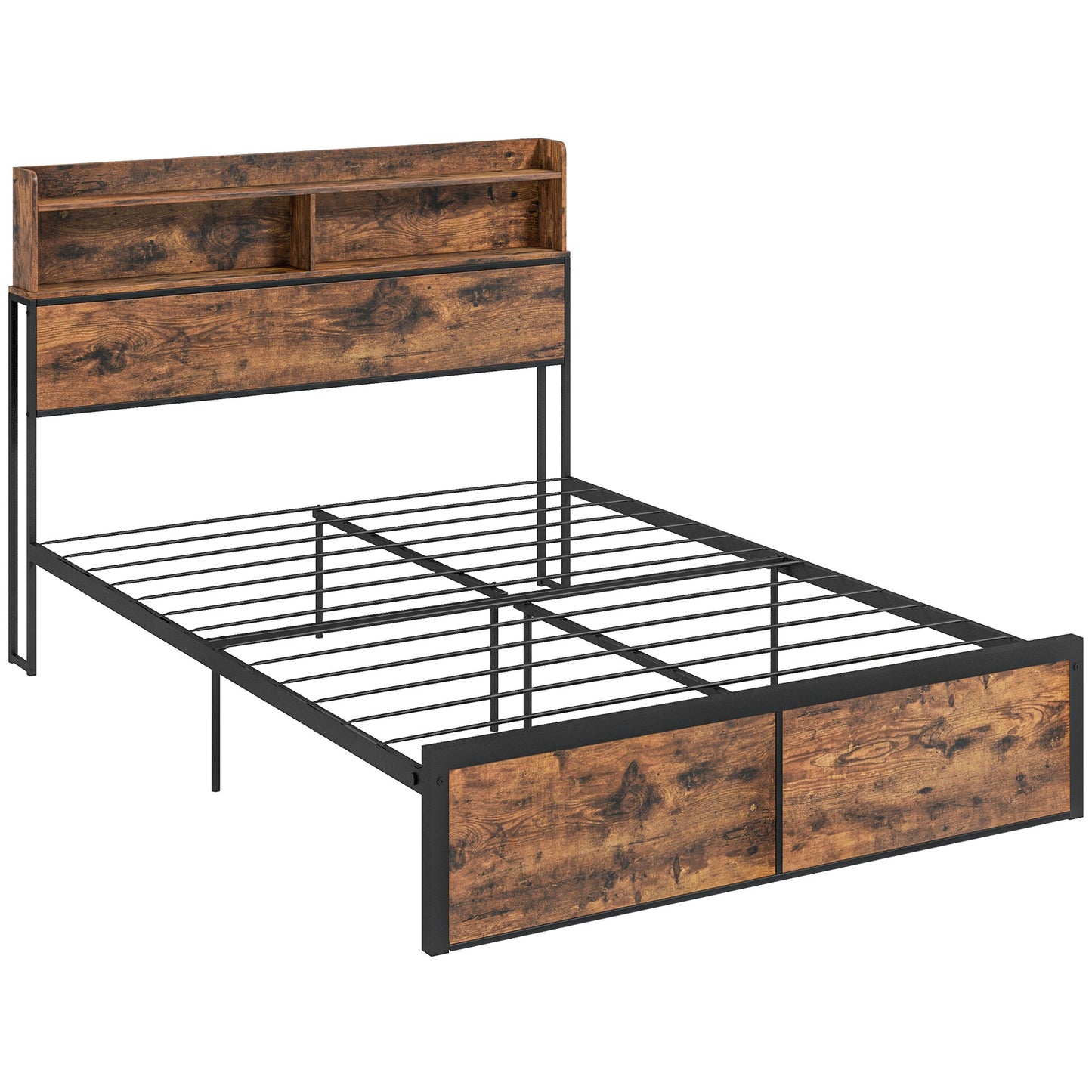 Photo of HOMCOM Industrial Double Bed Frame with Storage Headboard & Under-Bed Space – Robust Steel Base, 4.8 ft Double Bed, Rustic Brown in Brown colour on a white background
