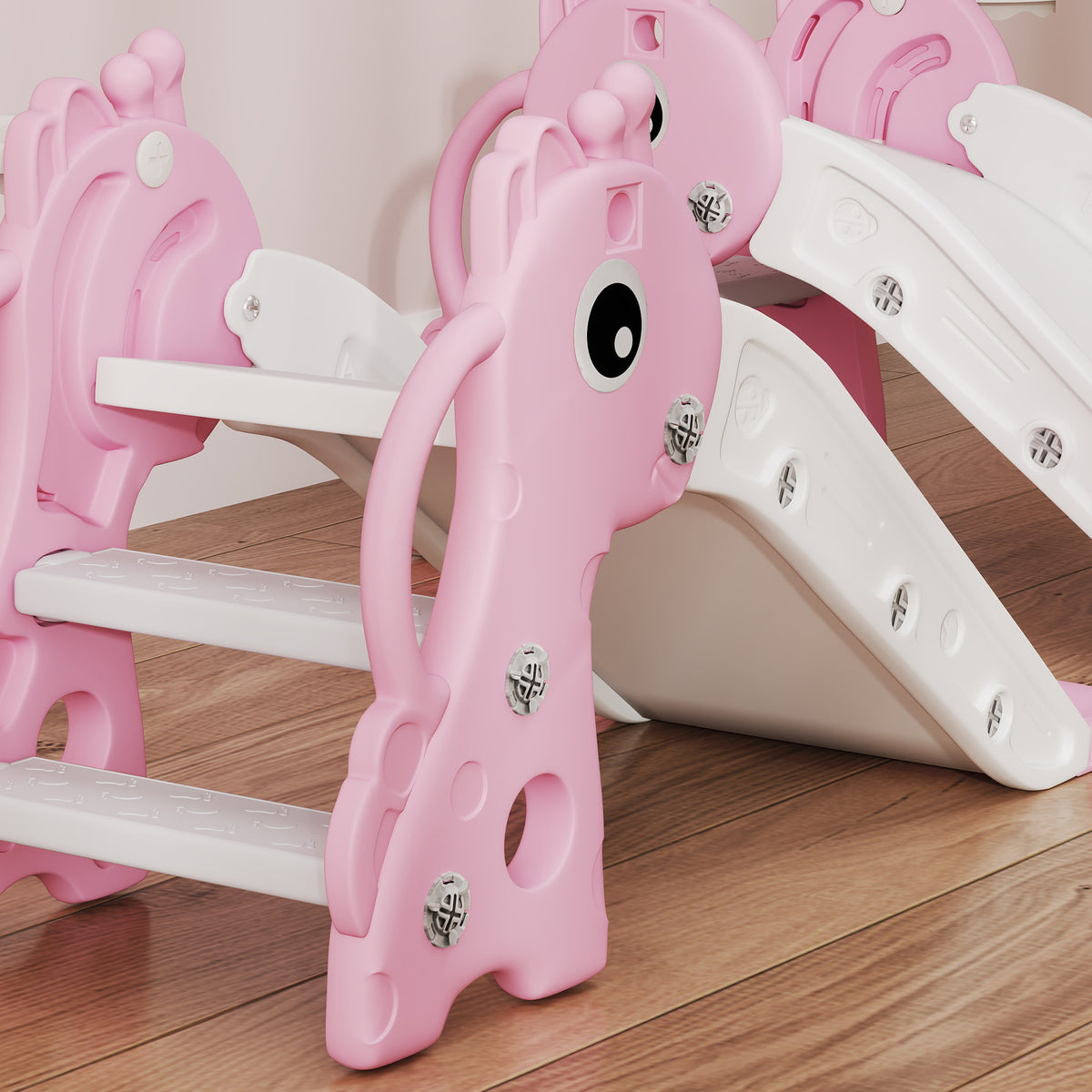 Close-up of pink giraffe-shaped climber, handrails, steps, and white slide