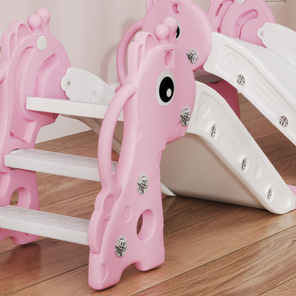 Close-up of pink giraffe-shaped climber, handrails, steps, and white slide