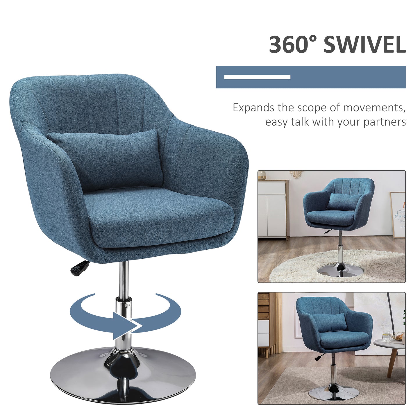 HOMCOM Swivel Accent Chair, Linen Fabric Tub Vanity Chair, Modern Armchair with Adjustable Height and Lumbar Support for Living Room Bedroom Salon Make up Room Dressing Table, Blue