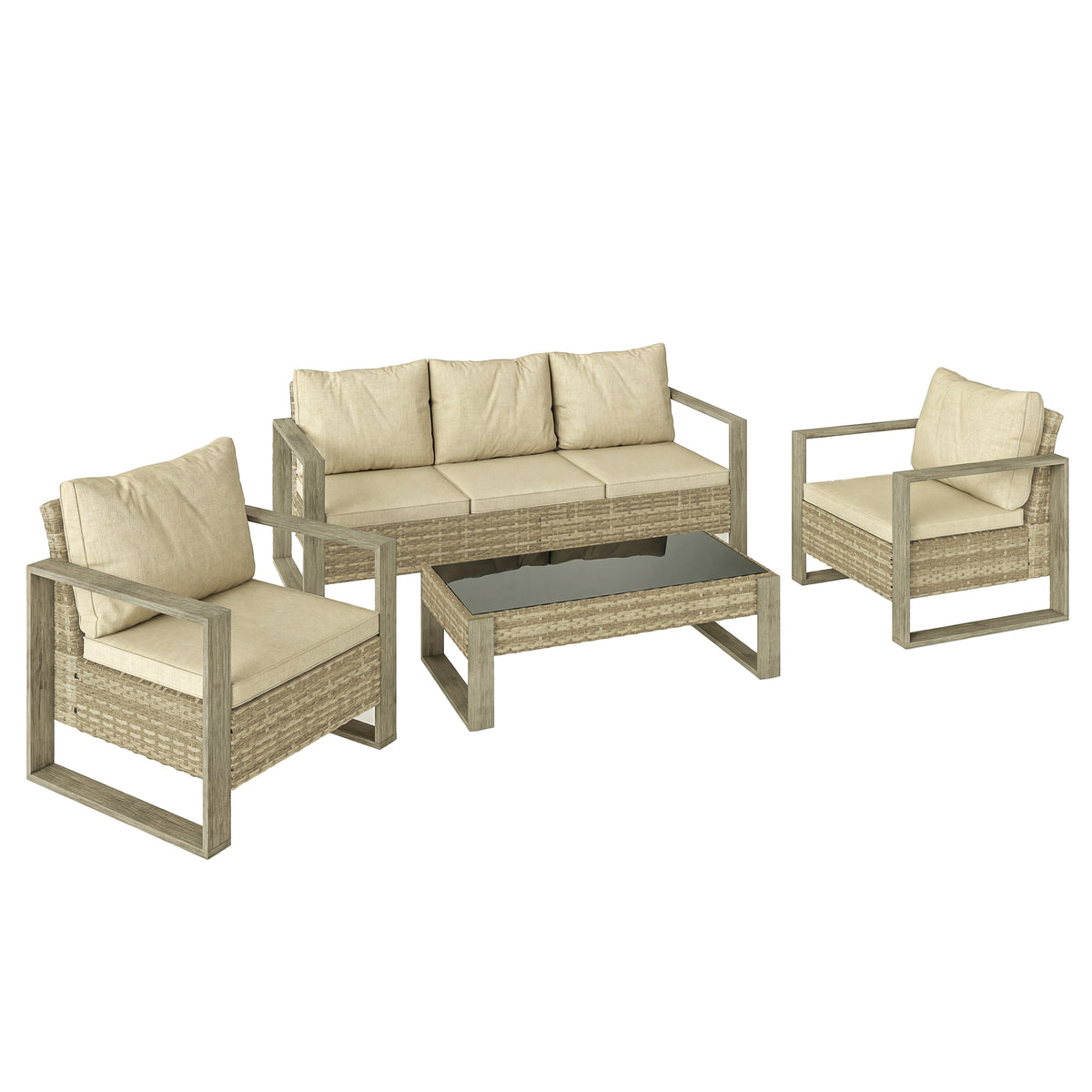 Photo of Outsunny 4 Piece Rattan Garden Furniture Set with 3-Seater Sofa, Armchairs, Table, Aluminium Frame Patio Conversation Set, Khaki in Khaki colour on a white background