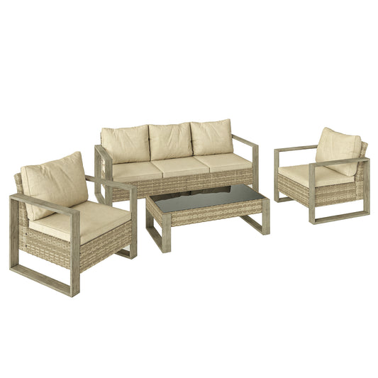 Photo of Outsunny 4 Piece Rattan Garden Furniture Set with 3-Seater Sofa, Armchairs, Table, Aluminium Frame Patio Conversation Set, Khaki in Khaki colour on a white background