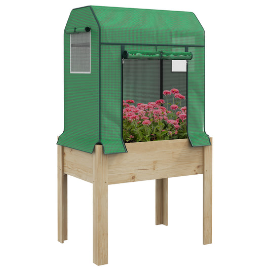 Photo of Outsunny Wooden Planter Box with PE Greenhouse Cover and Bed Liner, Raised Garden Bed for Vegetables, Flowers, Herbs in Herbs colour on a white background