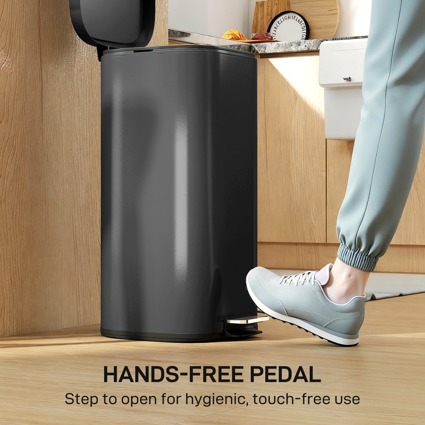 HOMCOM 30L Kitchen Bin, Compact Pedal Bin with Soft-Close and Stay-Open Lid, Removable Bucket for Kitchen, Home, Office, Black