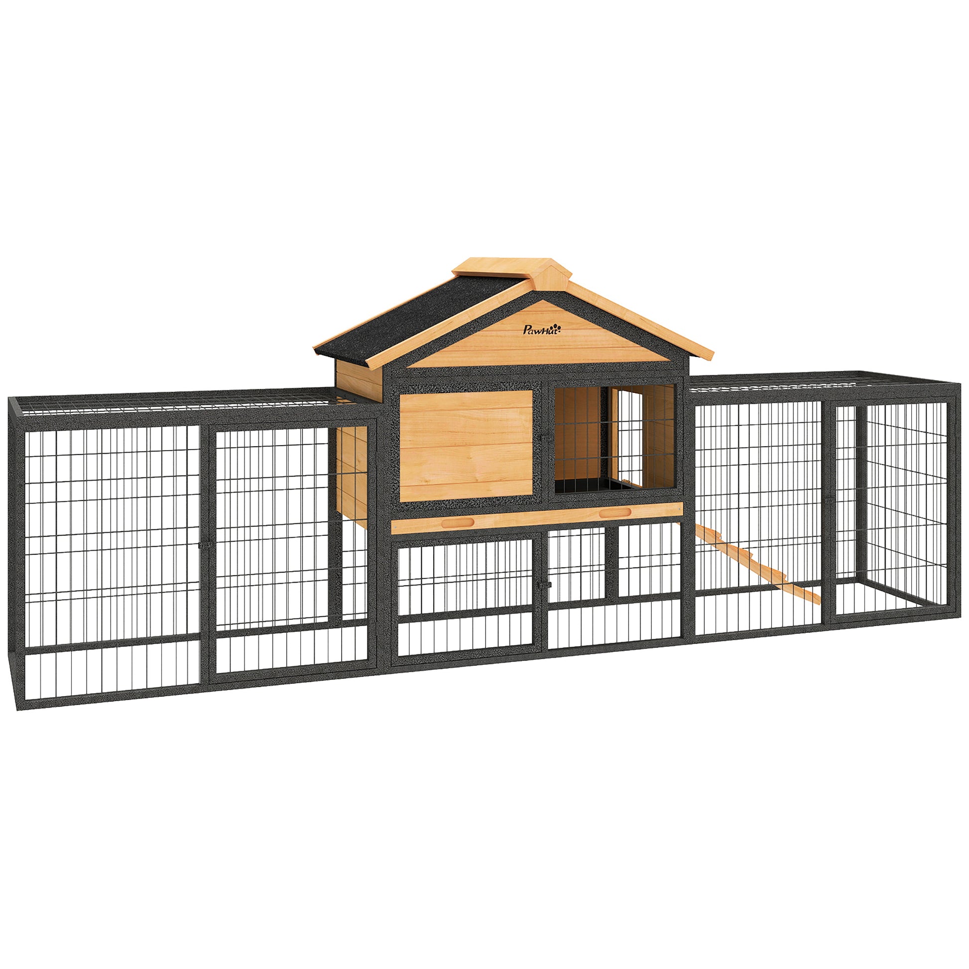 Photo of PawHut Wooden Rabbit Hutch Outdoor with Steel Run, Wooden Guinea Pig Cage with Removable Plastic Tray, Asphalt Roof, Ramp in Ramp colour on a white background