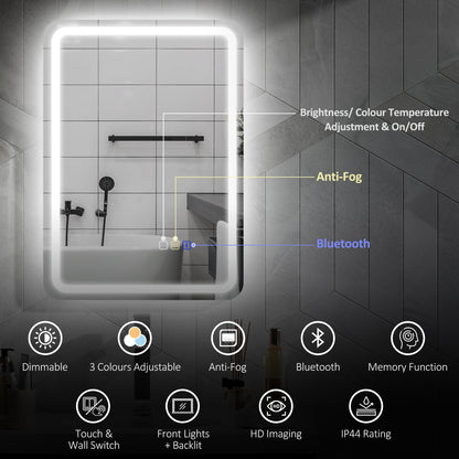 HOMCOM illuminated bathroom mirror with adjustable brightness, anti-fog, Bluetooth, and touch controls