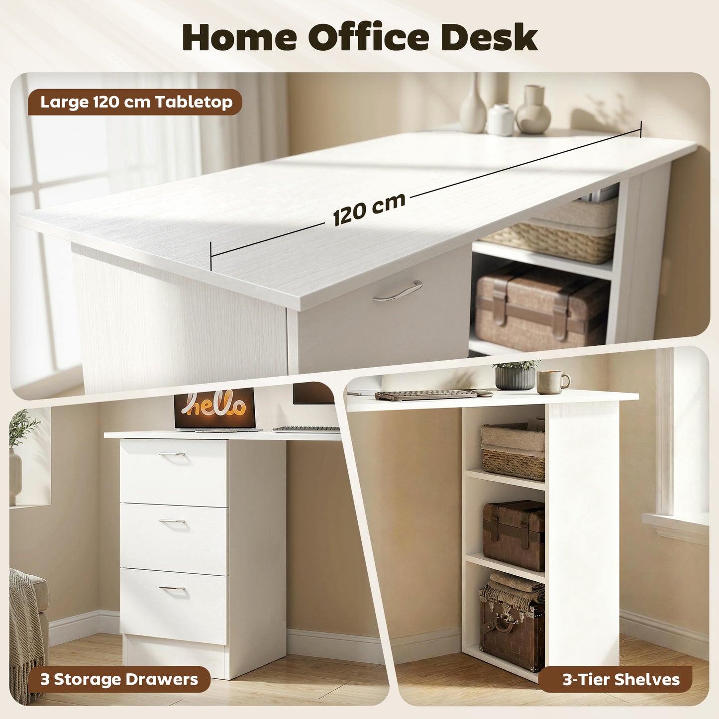HOMCOM Computer Desk with Drawers, Home Office Desk, Writing Table, PC Workstation with 3 Storage Shelves for Working, Study, 120 x 49 x 72 cm, White