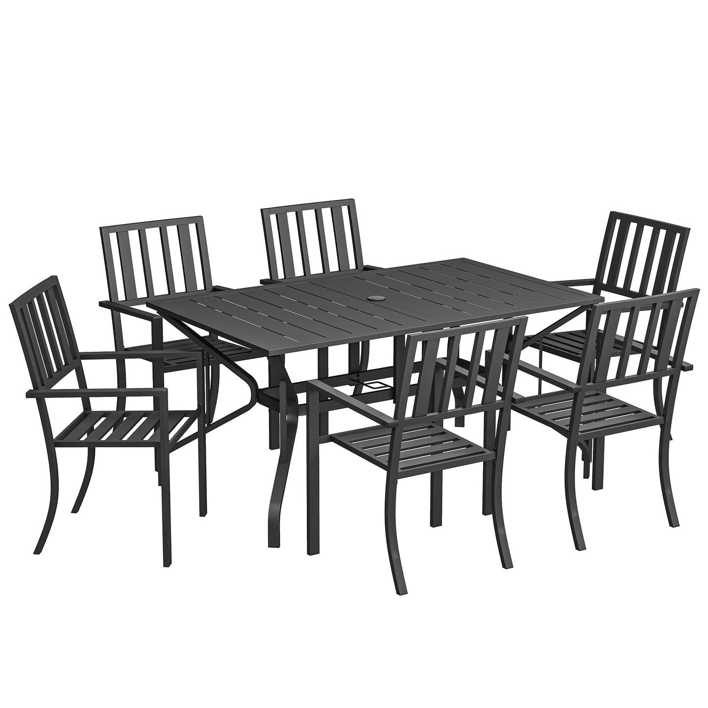 Photo of Outsunny 7 Pieces Garden Table and Chairs 6 Seater Outdoor Table and Chairs with Umbrella Hole, for Poolside, Garden, Black in Black colour on a white background