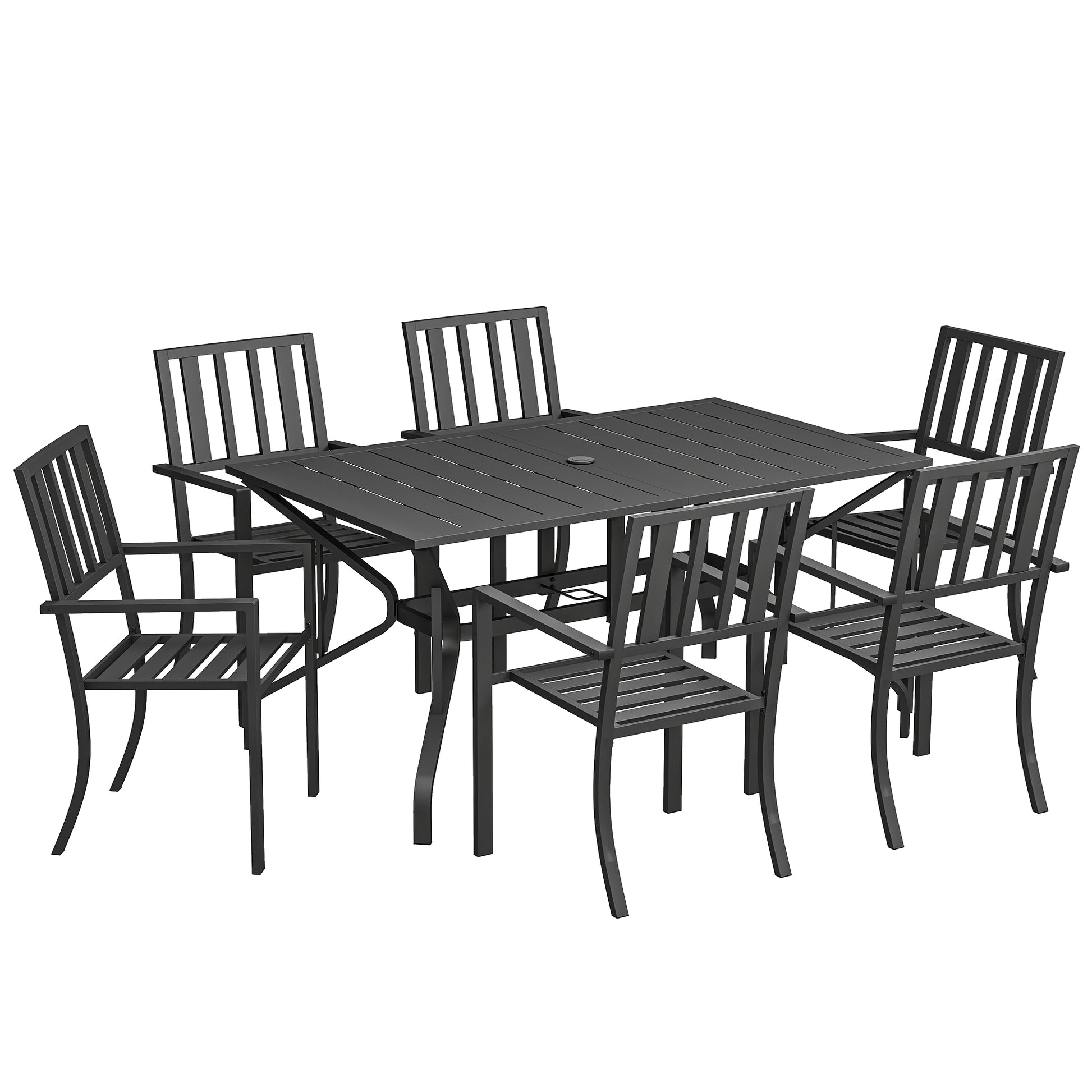 Photo of Outsunny 7 Pieces Garden Table and Chairs 6 Seater Outdoor Table and Chairs with Umbrella Hole, for Poolside, Garden, Black in Black colour on a white background