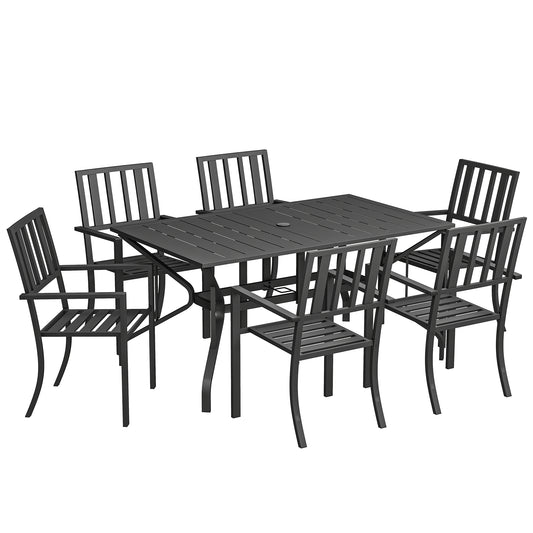 Photo of Outsunny 7 Pieces Garden Table and Chairs 6 Seater Outdoor Table and Chairs with Umbrella Hole, for Poolside, Garden, Black in Black colour on a white background