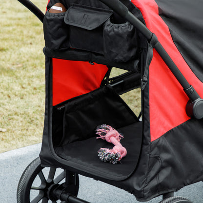 PawHut stroller with its front access panel open, showing the interior and storage pockets