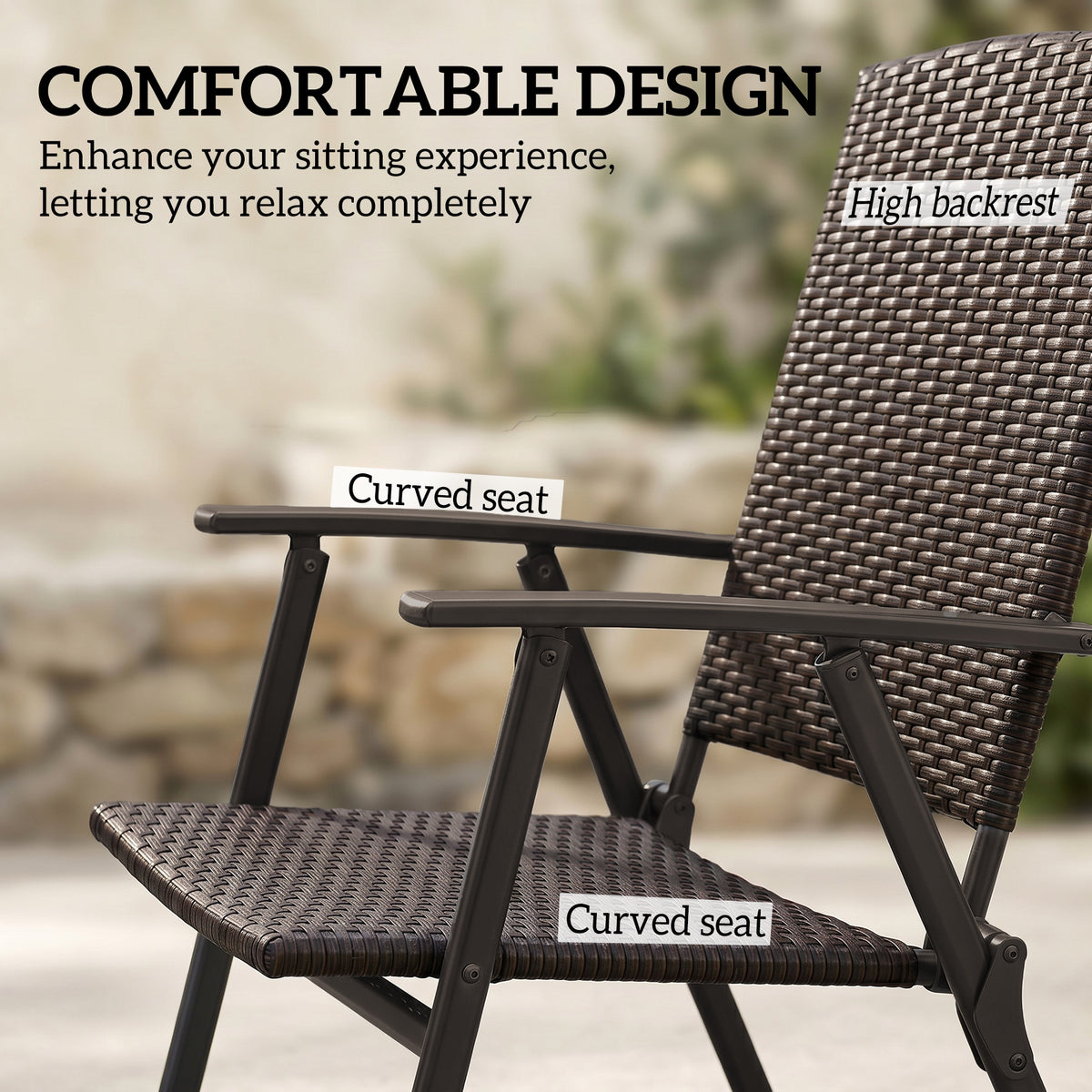 Outsunny brown folding rattan chair with a curved seat, high backrest, and dark metal frame