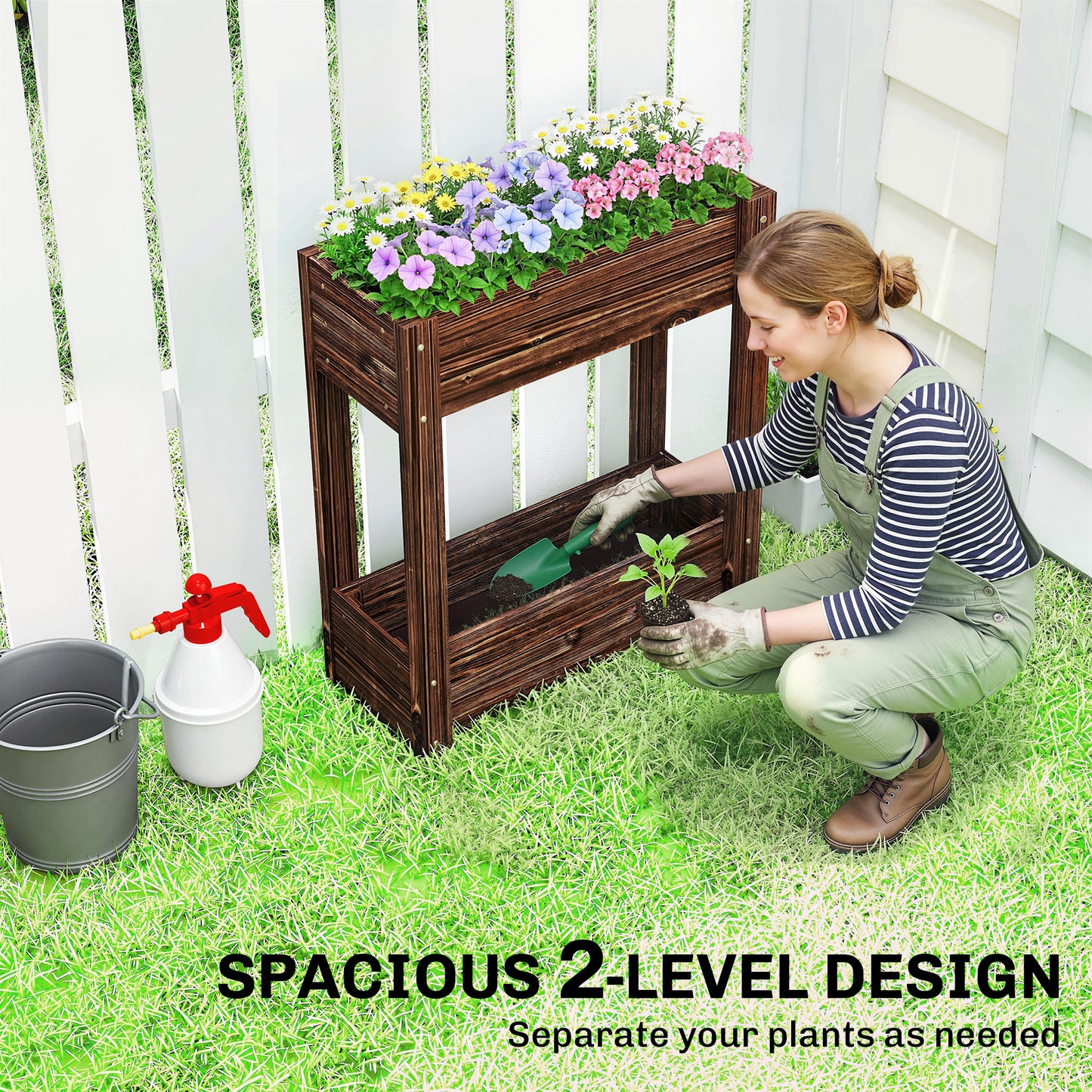 Outsunny 2-Tier Wooden Raised Planter, Raised Garden Bed on Legs with Drainage Holes and Bed Liner, Elevated Garden Planter