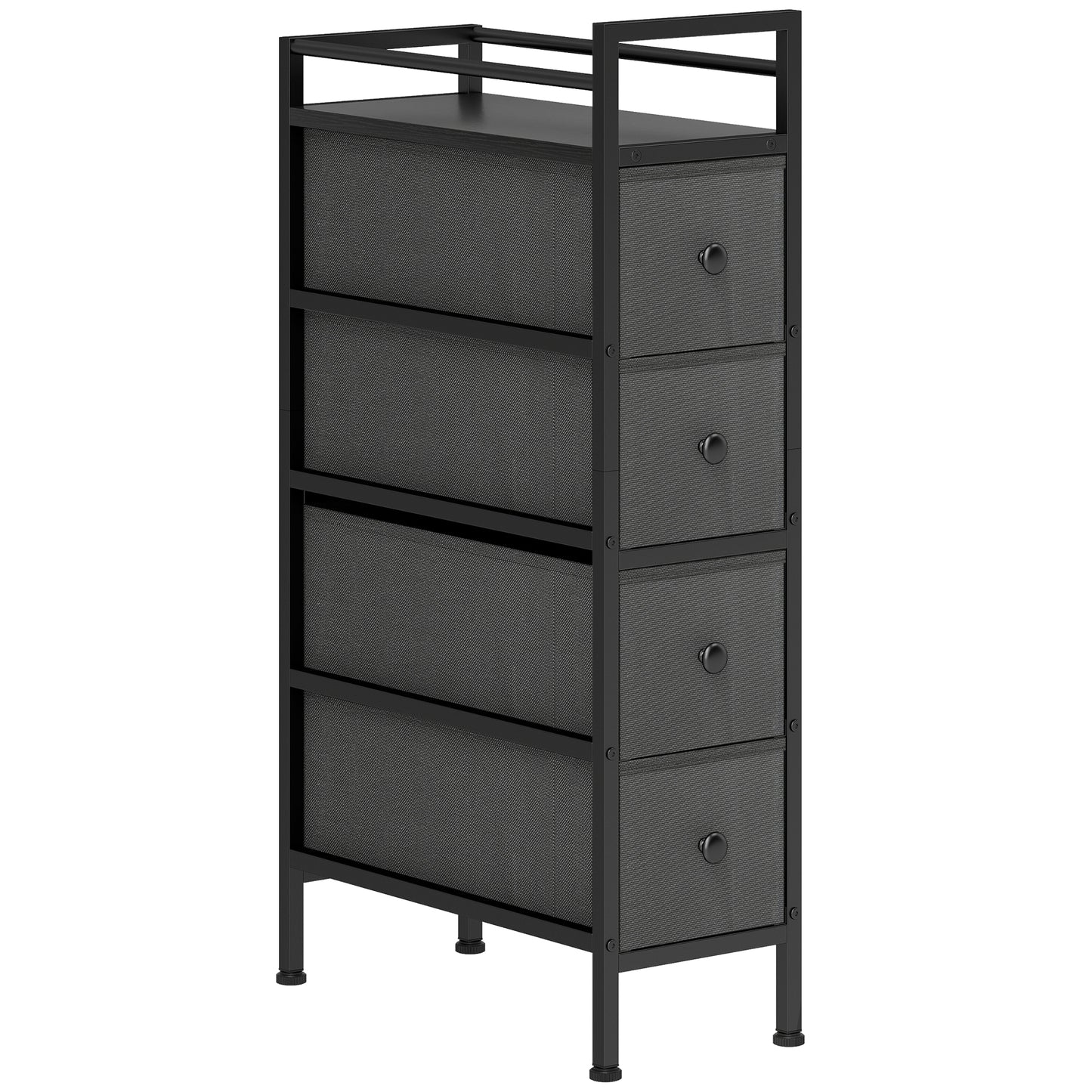 Photo of HOMCOM 4 Drawer Fabric Dresser Chest of Drawers, Slim Storage Cabinet with Steel Frame for Small Spaces, Bedroom, Black in Black colour on a white background