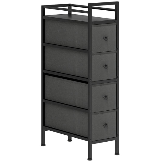 Photo of HOMCOM 4 Drawer Fabric Dresser Chest of Drawers, Slim Storage Cabinet with Steel Frame for Small Spaces, Bedroom, Black in Black colour on a white background